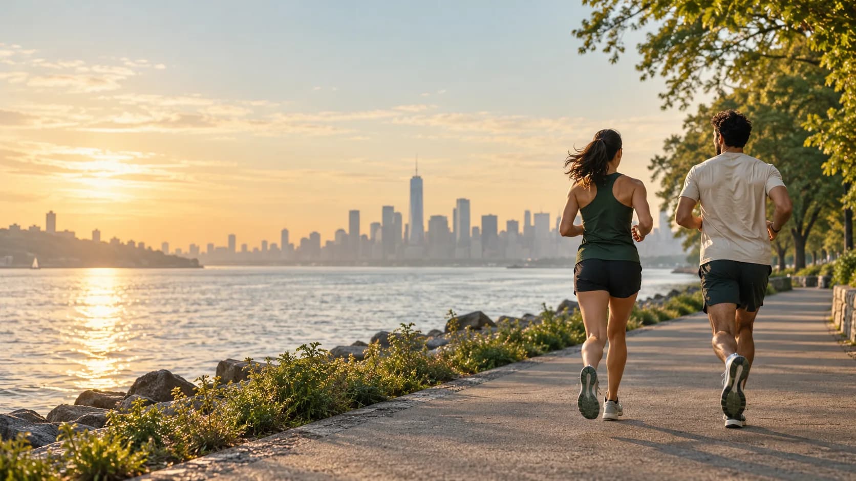 Two runners on a riverside path in golden morning light, an illustrative Hudson Running scene.