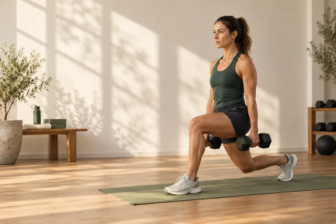 Illustrative athlete performing a dumbbell split squat in a light-filled gym.